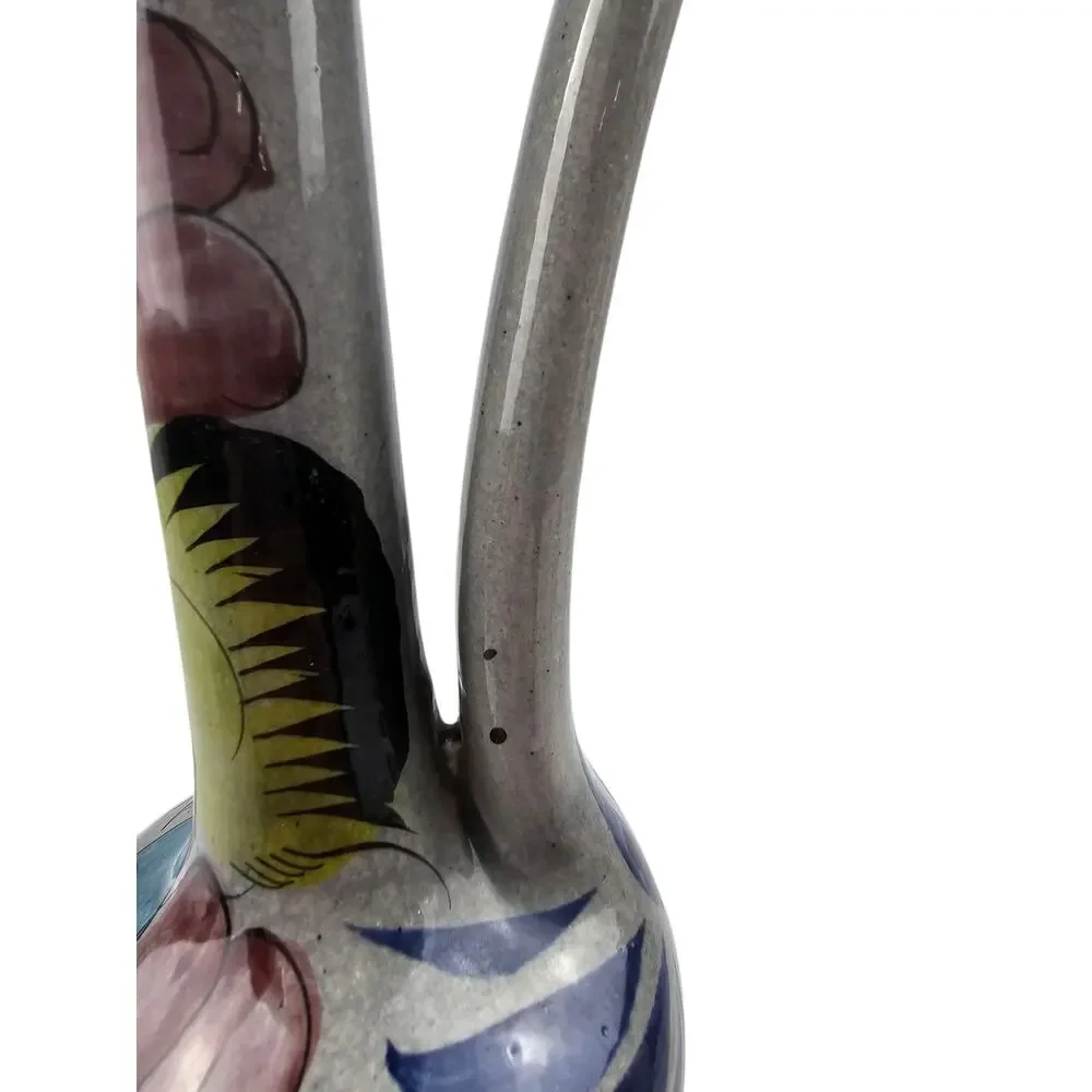 Vintage hand painted Tonala pottery vase made in‎ Mexico floral gray blue pink
